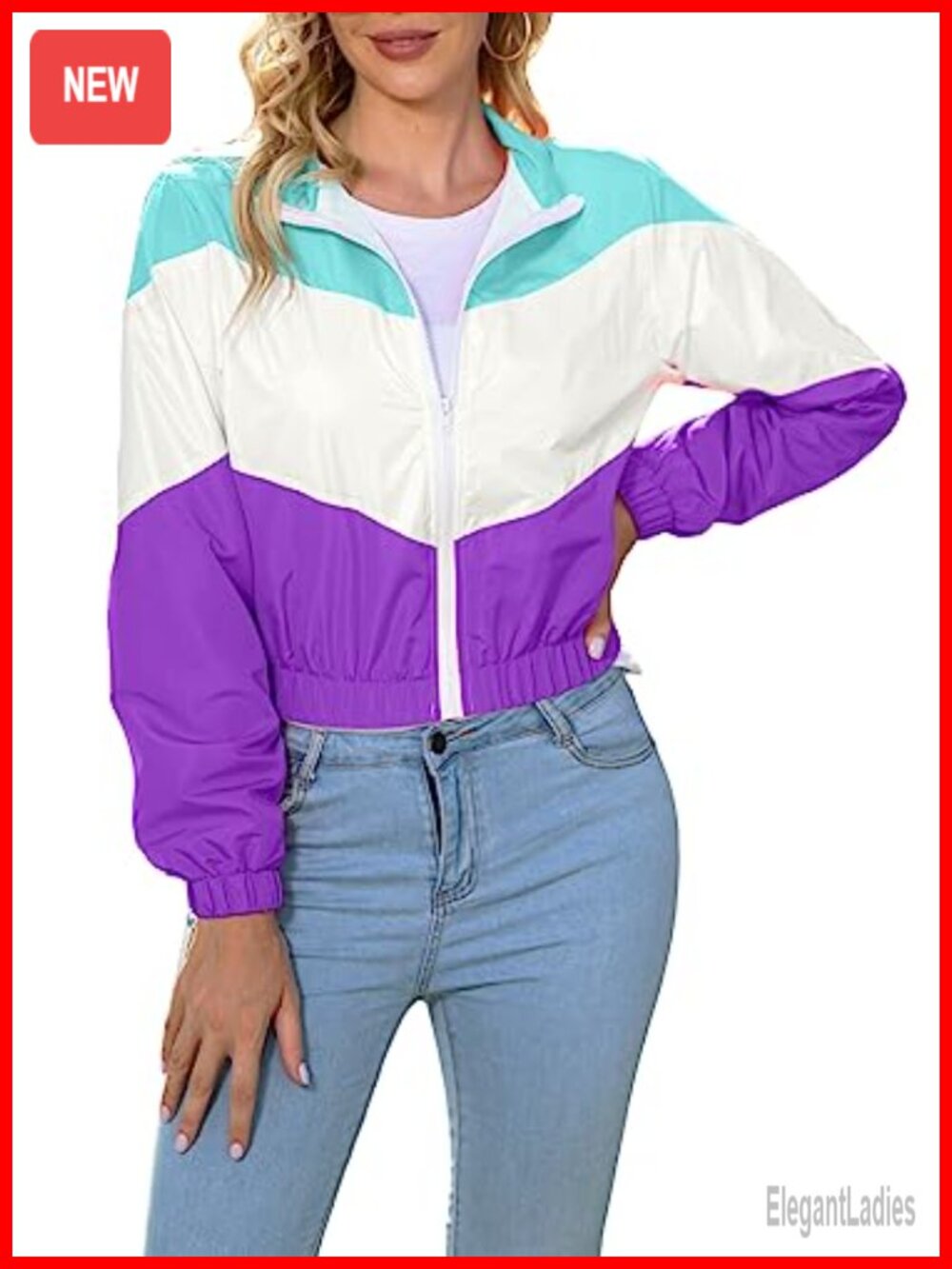 Womens Lightweight Polyester Windbreaker Sport Jacket Zip Up Color Block Long